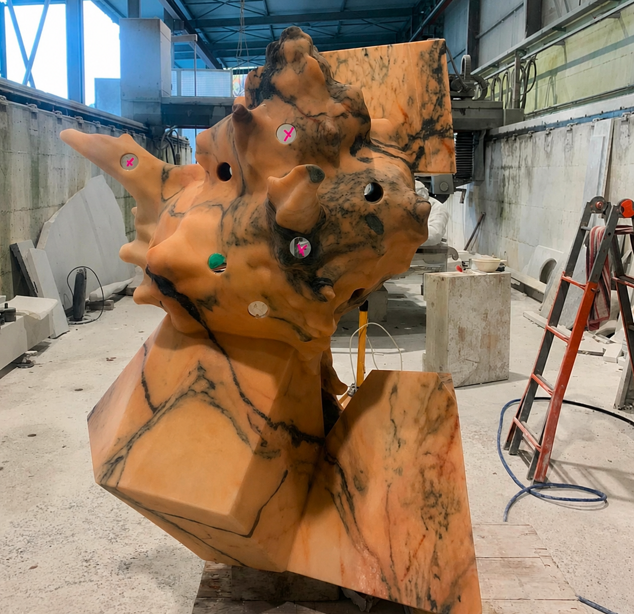 Monumental organic Rosso Levanto sculpture in the workshop, pierced with circular openings and marked reference points