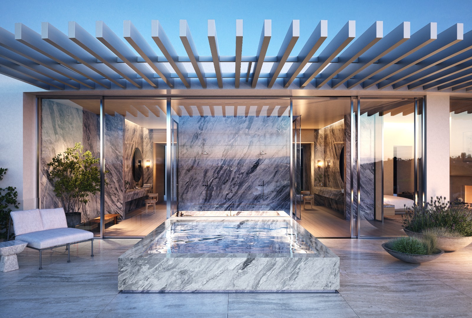 Outdoor marble bathing pavilion with a monolithic stone tub under a slatted timber pergola, opening to a veined marble bathroom