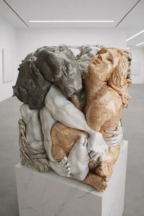 Monumental block of intertwined figures carved in multiple marbles — white, grey Bardiglio and veined orange — on a white marble plinth