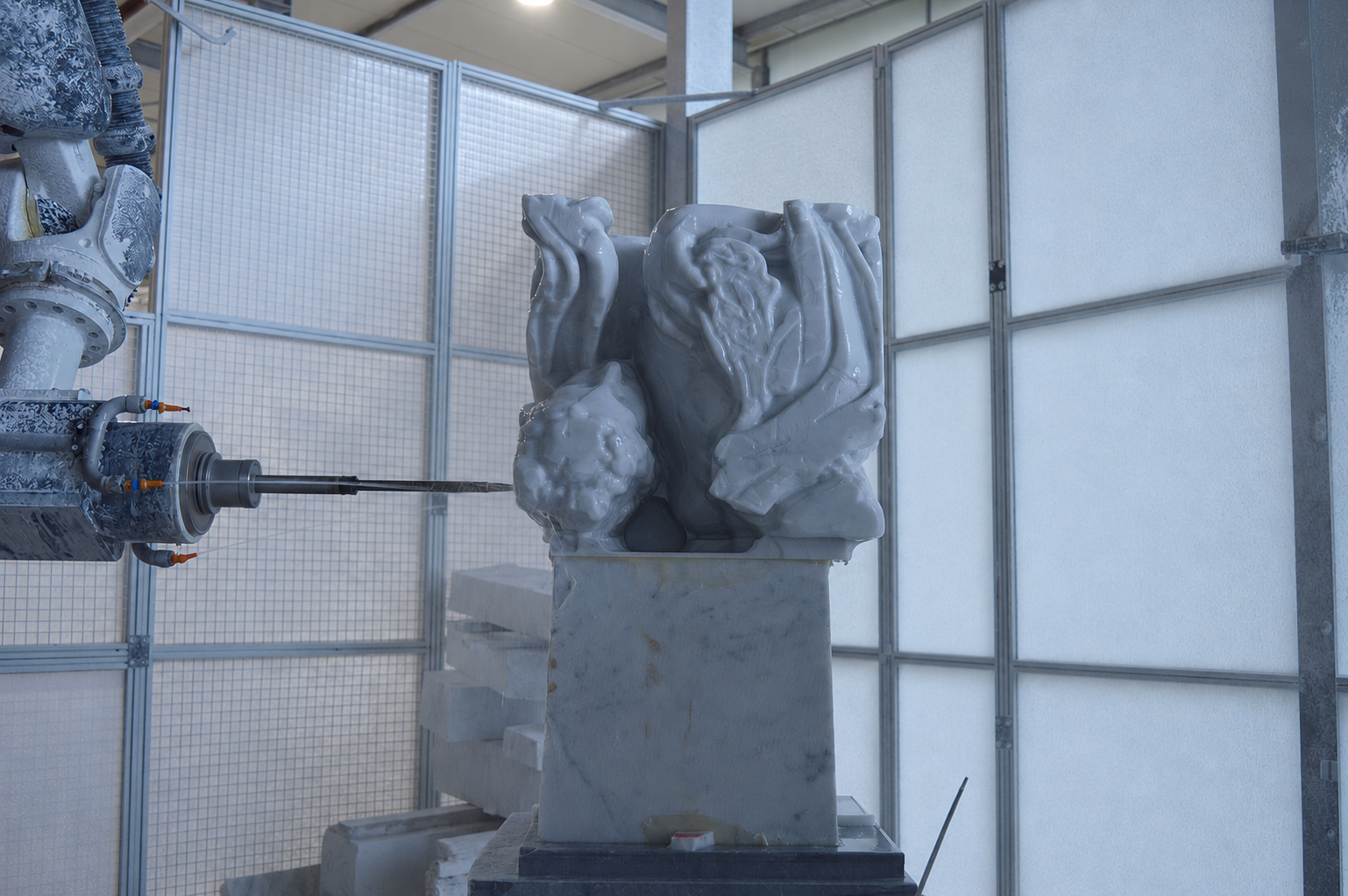 Venus from the Crush series, a classical marble form being rough-carved by a 5-axis robotic arm in the Gerets atelier